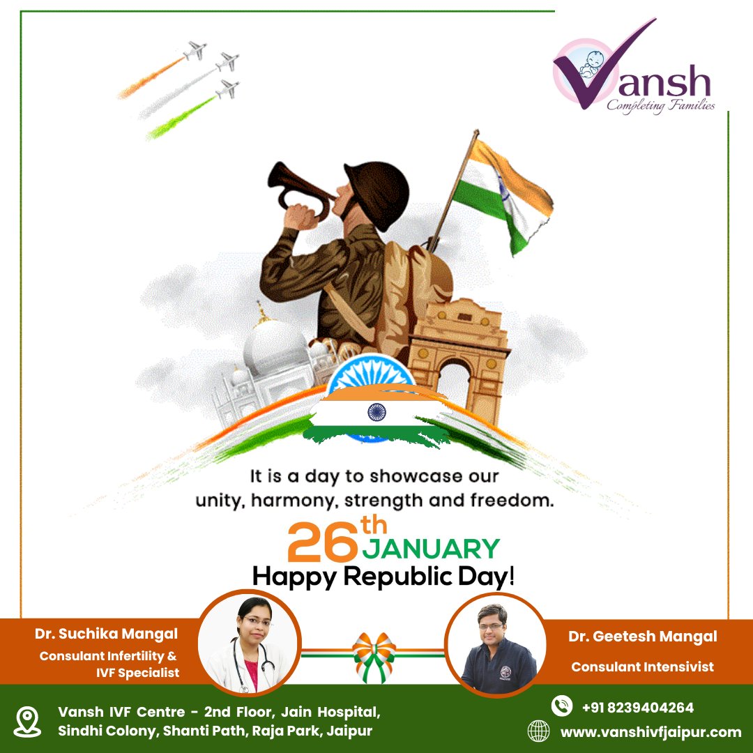 Salute Our Nation on 𝐑𝐞𝐩𝐮𝐛𝐥𝐢𝐜 𝐃𝐚𝐲! 📷📷

Let's Spread Peace, Humanity, and Prosperity Among the People.

#HappyRepublicDay #75RepublicDay #RepublicDay2024 #26January #LoveIndia #RespectIndia #VanshIVFCentre #DrSuchikaMangal #IVFSpecialist #Rajapark #Jaipur #India