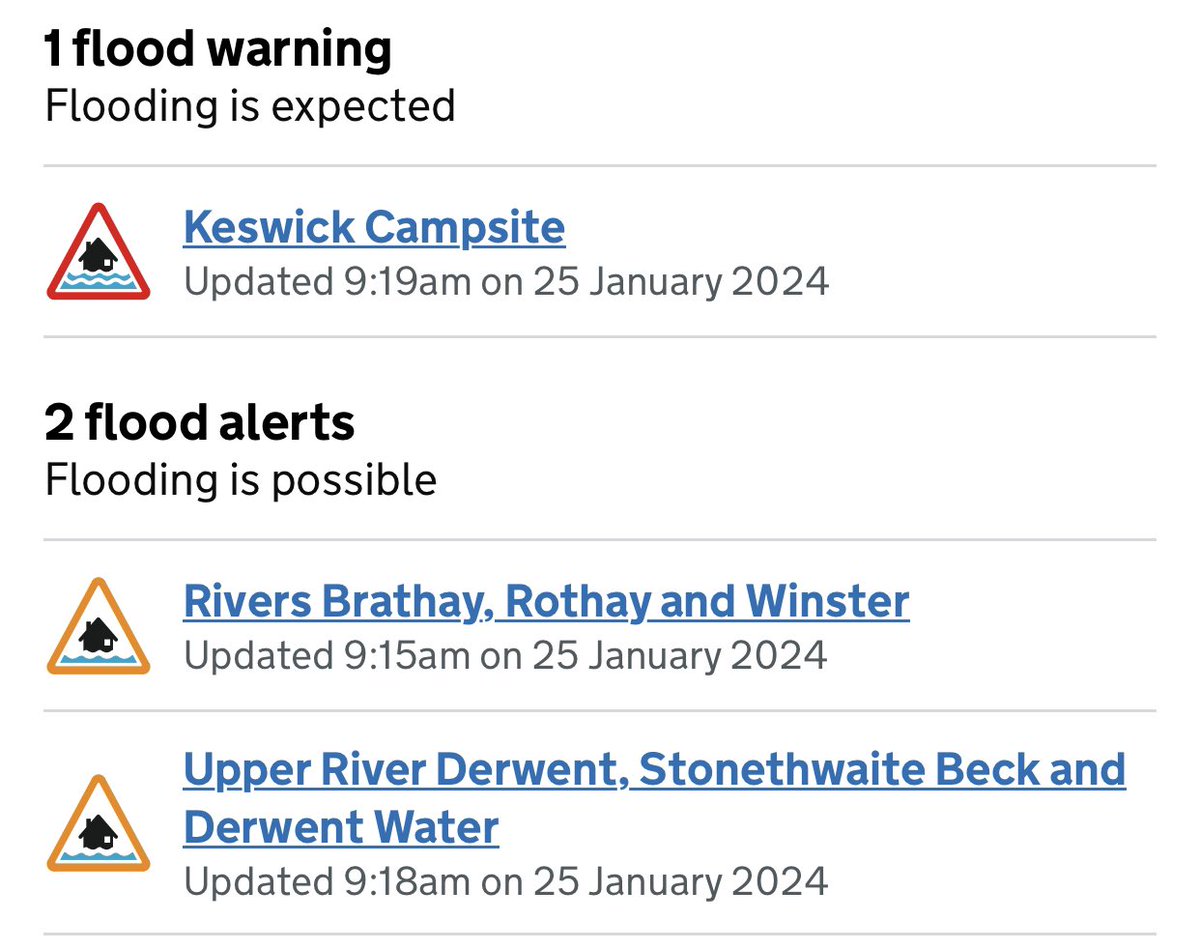⚠️ 2 flood alerts are in place today! Flooding is possible. 

⚠️ 1 flood warning is in place today! Flooding is expected.  

#CumbriaFloods 
#Cumbria