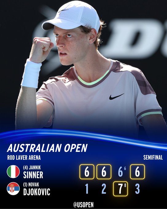 Score Graphic: Jannik Sinner defeats Novak Djokovic 6-1, 6-2, 6-7, 6-3 in the semifinal of the Australian Open.
