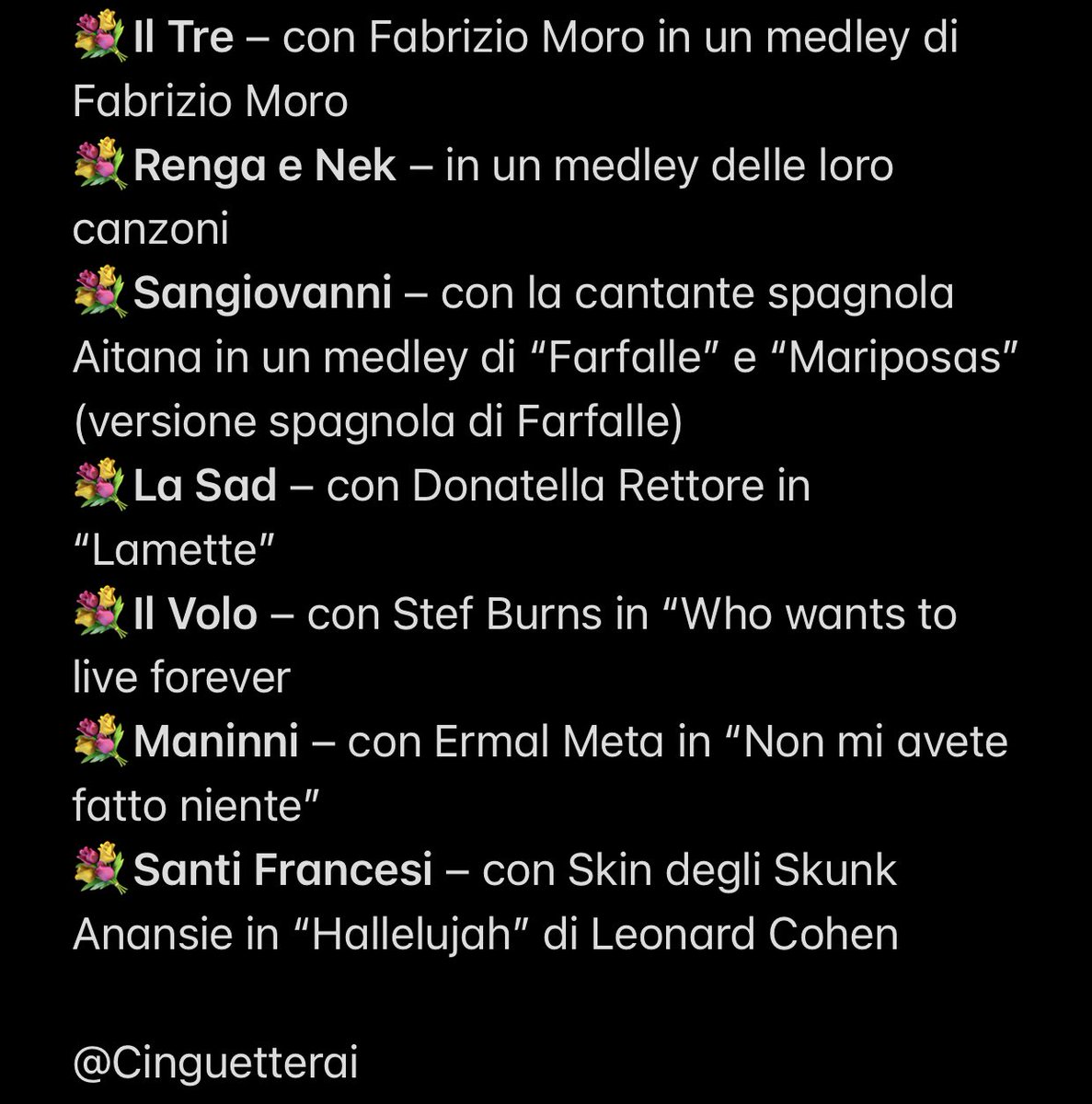 Cinguetterai's tweet photo. 🔴 Tutti i duetti e tutte le cover UFFICIALI di #Sanremo2024.

Sono appena stati svelati da Amadeus, in anteprima a #VivaRai2. https://t.co/rzcIHyHL1z