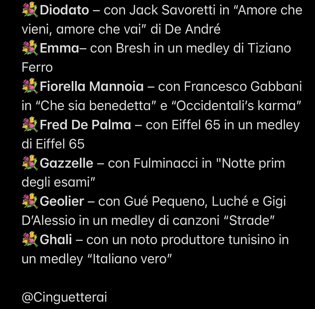 Cinguetterai's tweet photo. 🔴 Tutti i duetti e tutte le cover UFFICIALI di #Sanremo2024.

Sono appena stati svelati da Amadeus, in anteprima a #VivaRai2. https://t.co/rzcIHyHL1z
