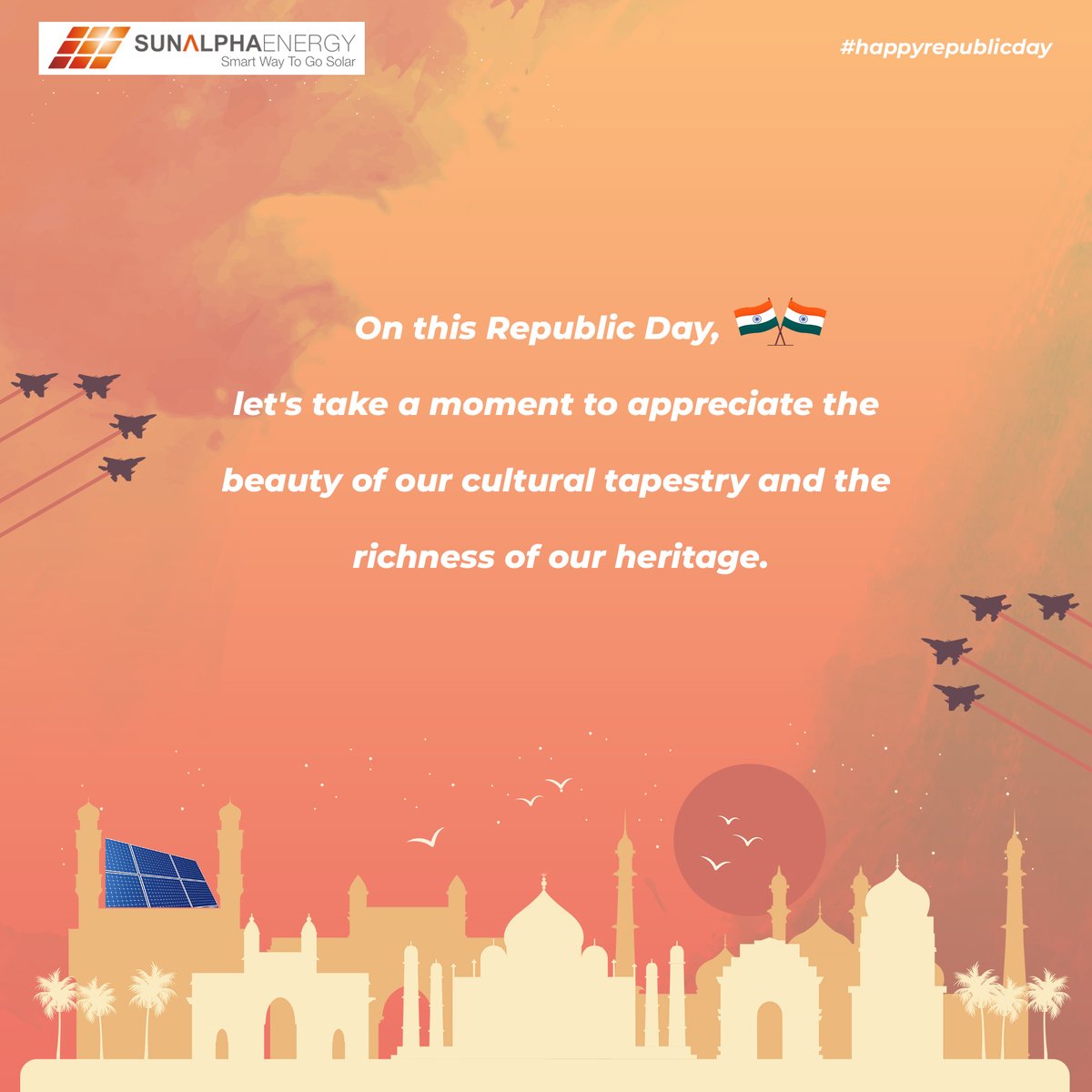 As we mark this day with pride, let's commit ourselves to upholding the values that make India a shining example of democracy and strength.

#republicday #happyrepublicday #26than #indian #jaihind #solar #sunalphaenergy