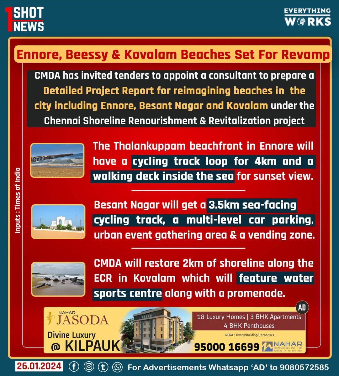 CMDA has invited tenders to appoint a consultant to prepare a Detailed Project Report for reimagining beaches in  the city including Ennore, Besant Nagar and Kovalam under the Chennai Shoreline Renourishment & Revitalization project.

#1ShotNews | #Chennai | #BesantNagar |