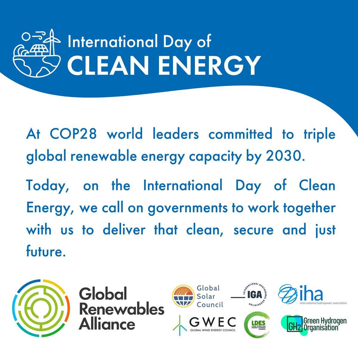 International Day of Clean Energy - time to deliver #3xRenewables!

#InternationalDayofCleanEnergy #RenewablesNow
@LDESCouncil @GWECGlobalWind @GSolarCouncil @iha_org @gh2org @lovegeothermal