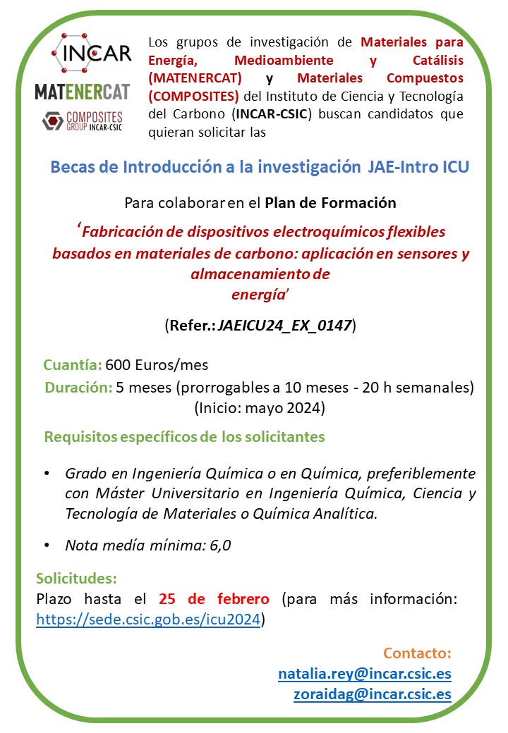 Anímate a enviar tu solicitud! Trabajarás (y aprenderás) en un ambiente estupendo, desarrollando dispositivos flexibles aplicables a la detección electroquímica de diferentes compuestos y al almacenamiento de energía
<a href="/matenercat/">MATENERCAT - INCAR, CSIC</a> 🧑‍🔬🧑‍🔬