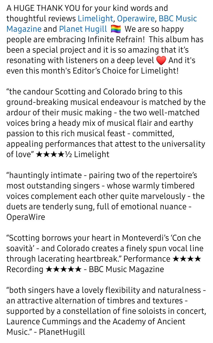 Thank you for the wonderful reviews for #InfiniteRefrain ! Listen here: lnk.to/InfiniteRefrain @OperawireNews @RobertHugill @MusicMagazine @LimelightArtsAu @AAMorchestra @SignumRecords @RandallScotting @StageDoorAgency #valentinesdaygift #valentinesdaygifts #giftideas #lgbt