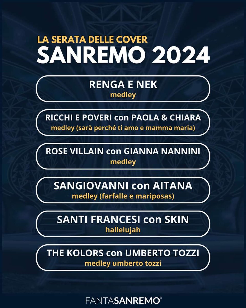 SabrinaCampagna's tweet photo. Tutti i #duetti di #Sanremo2024 #seratacover #Sanremo https://t.co/W5JY9QYSB6