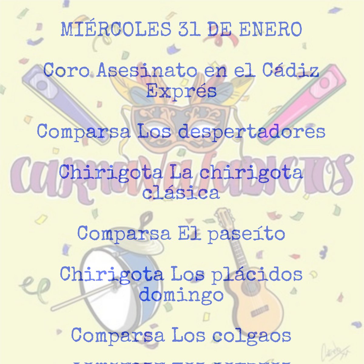 Miércoles 31 de Enero
#Coac2024C6

<a href="/corodenandi/">Coro de Los Niños 🎭</a> 
<a href="/LaComparsaDJavi/">La comparsa de Javi</a> 
<a href="/santanderyreyes/">La Chirigota de La Viña</a> 
<a href="/LaComparsaFQ/">La Comparsa de Fran Quintana</a> 
<a href="/ComparsaArguez/">La Comparsa de García Argüez y Raúl Cabrera</a>