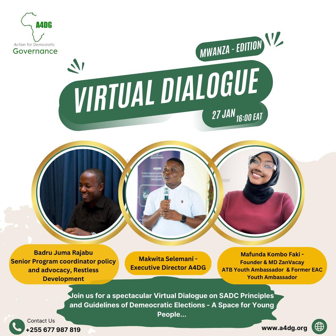 'Empowering the youth in Tanzania! Join us for the Virtual Dialogue on SADC Principles of Democratic Elections in partnership with @DemocracyWF.

Pease register 👇🏾 forms.gle/ppF5UXVEzYRxnR…

#Action4DGTz