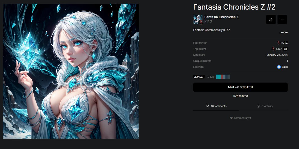 🔥NEW DROP🔥
Fantasia Chronicles Z #2
0.0015 Base Network
Only 25 Editions available😀

Link : zora.co/collect/base:0…

Special thanks to <a href="/gogokikaider/">grey.base.eth</a> for sponsoring this mint 

#NFTcommunity #NFTcollector