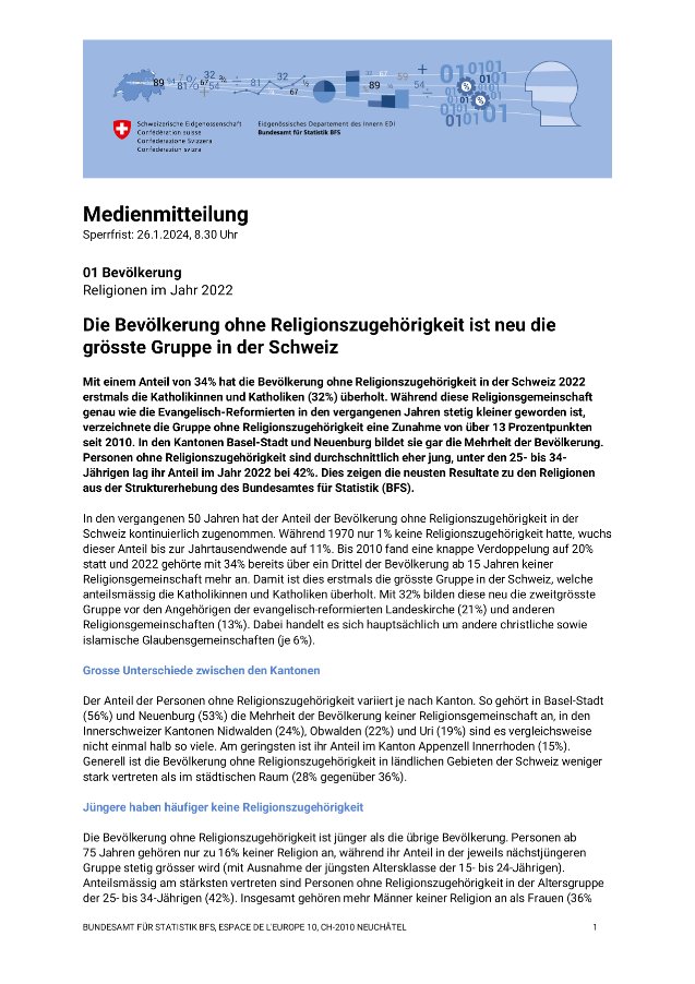 Die Bevölkerung ohne Religionszugehörigkeit ist neu die grösste Gruppe in der Schweiz #Statistik ow.ly/RGT2105bFGr