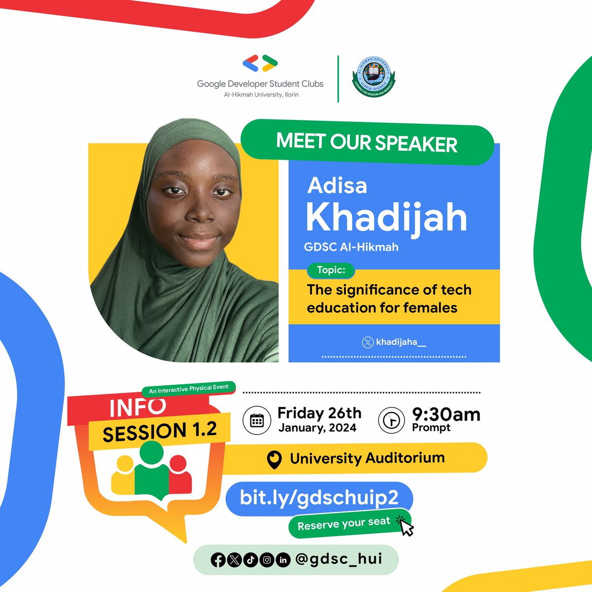 gdgoc_hui's tweet image. We&apos;ll be having Khadijah speak about the significance of tech education and inclusiveness for females.
Be there today🥳

RSVP HERE:bit.ly/gdschuip2

#huiinfosession24
#GDSCSSA
#GoogleDevelopersStudentsClub