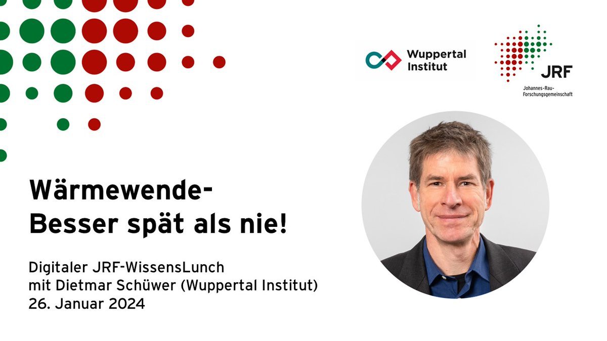 Wuppertal Institut (@wupperinst) on Twitter photo Heute findet das nächste <a href="/JRF_NRW/">Johannes-Rau-Forschungsgemeinschaft (JRF) e.V.</a>-WissensLunch zum Thema „#Wärmewende – Besser spät als nie!“ statt.
🗓️Freitag, 26.1.2024, 12-13 Uhr, online
🗣️Dietmar Schüwer <a href="/Wupperinst/">Wuppertal Institut</a>
Jetzt noch anmelden!➡️wupperinst.org/a/wi/a/s/ad/84… Heute findet das nächste <a href="/JRF_NRW/">Johannes-Rau-Forschungsgemeinschaft (JRF) e.V.</a>-WissensLunch zum Thema „#Wärmewende – Besser spät als nie!“ statt.
🗓️Freitag, 26.1.2024, 12-13 Uhr, online
🗣️Dietmar Schüwer <a href="/Wupperinst/">Wuppertal Institut</a>
Jetzt noch anmelden!➡️wupperinst.org/a/wi/a/s/ad/84…
