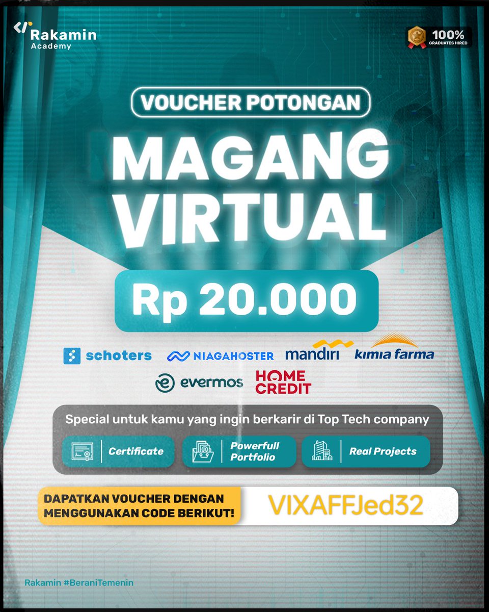 jedijm's tweet photo. Magang auto keterima di Rakamin Academy ⬇️⬇️⬇️
Daftarr langsung buat nambah portofolio dan skill 💨💨
Lumayan dapet diskon pake code VIXAFFJed32 🥹

#magang #rakaminacademy #projectbasedinternship https://t.co/3psVSY2zr4