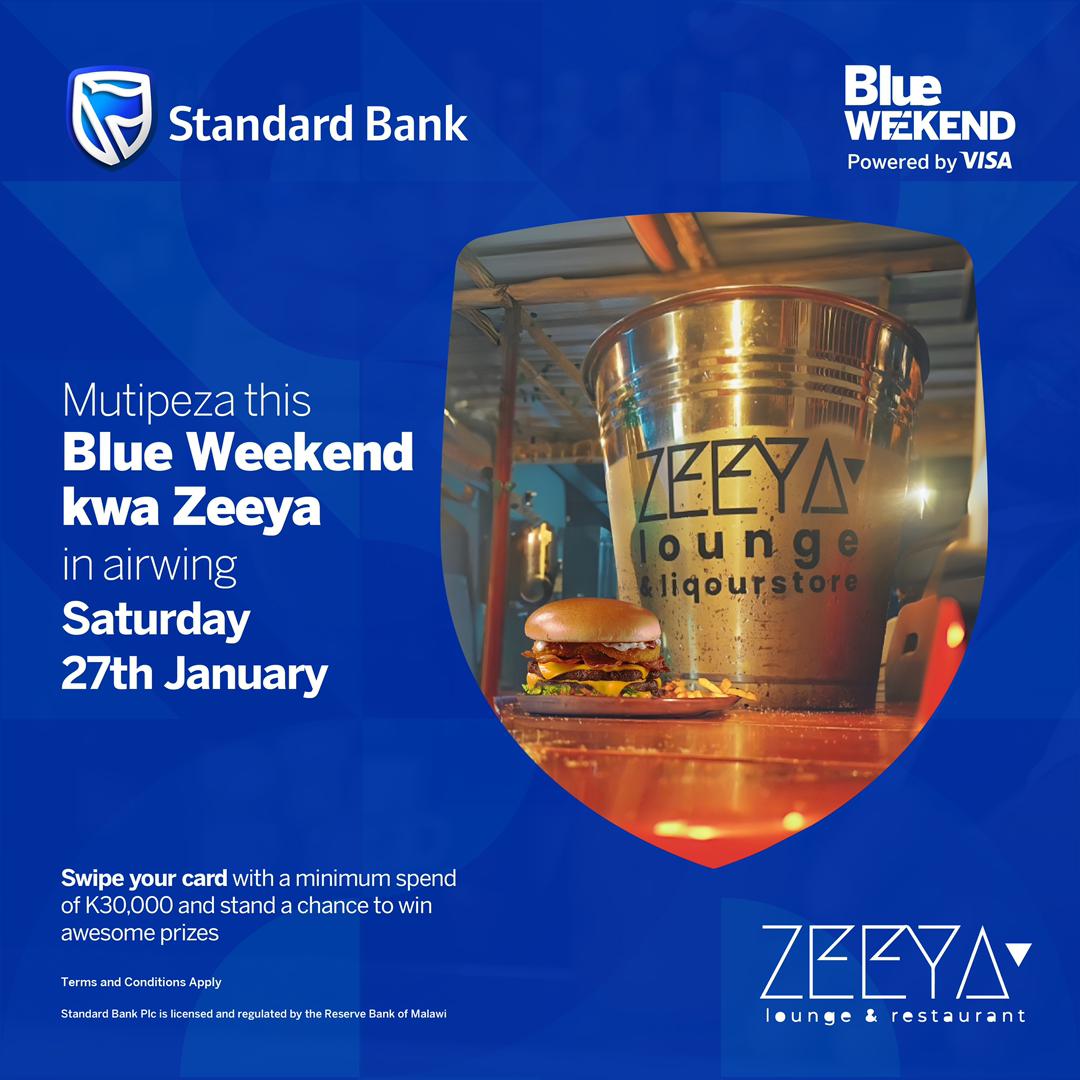 Join us this Saturday at Zeeya lounge  for a vibrant weekend event, where swiping a minimum spend of k30,000 gives you the chance to win fantastic prizes. Terms and conditions apply.
#blueweekend #zeeyalounge #kwazeeya #Airwing #foodanddrinks 
#goodmusic #StandardBank