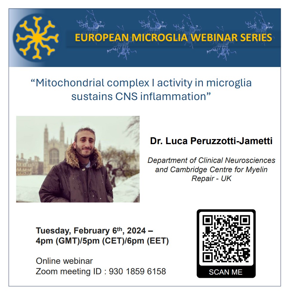 📢 New webinar coming soon 📢 Dr. Luca Peruzzotti-Jametti from Cambridge Centre for Myelin Repair will be our next speaker. Check all the information in the flyer and add it to your calendar! @Dr_LPJ @CamNeuro @Pluchinolab @CentreMyelin