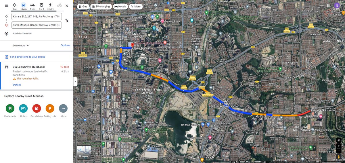 Natcromancer's tweet image. LRT Kinrara BK5 to BRT Sun U - Monash
10 minutes by car
1 hour by public transport
Is it any wonder why so many choose to drive?
It's time to extend BRT Sunway to LRT IOI Puchong Jaya!