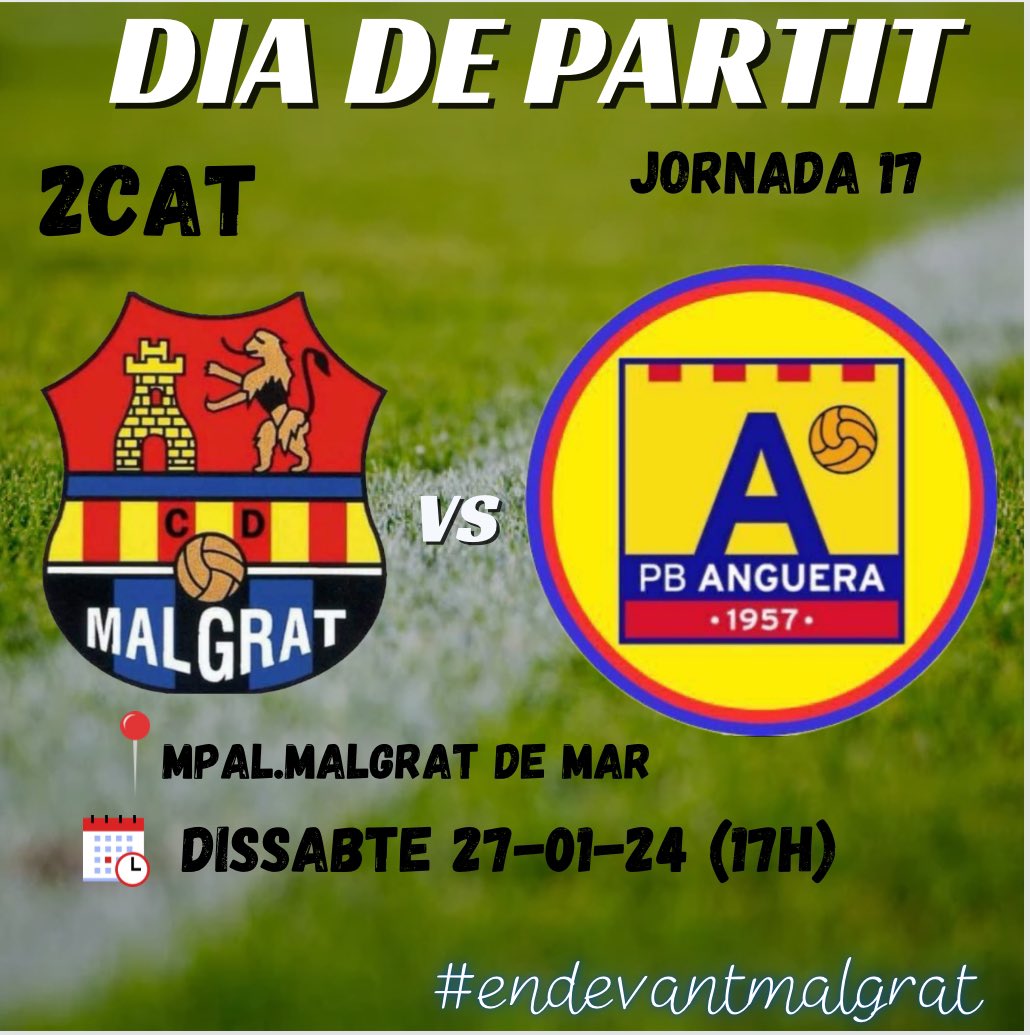 CDMalgrat2018's tweet photo. Nou repte per als nostres jugadors del 2CAT, reben a casa al @pb_anguera, a per totes per poder sumar els 3 punts!!!
Omplim la grada,vine a recolzar-los!
#cdmalgrat #2CAT #fcf #futbolcatala #futcat #maresme #malgratdemar #endevantmalgrat🔵⚫️
‘ENDEVANTMALGRAT🖤💙 https://t.co/2fbQIKs9Fm