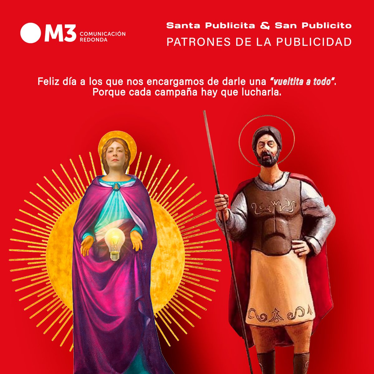 M3Publicidad's tweet photo. 🎯Celebramos el #DíadelaPublicidad.
El último viernes de enero damos protagonismo a la creatividad 💡👏 celebrando #SanPublicito y #SantaPublicita
Feliz día a los que nos encargamos de darle una “vueltita a todo”.  Porque cada campaña hay que 💪 lucharla. https://t.co/B0MM4Tw62A