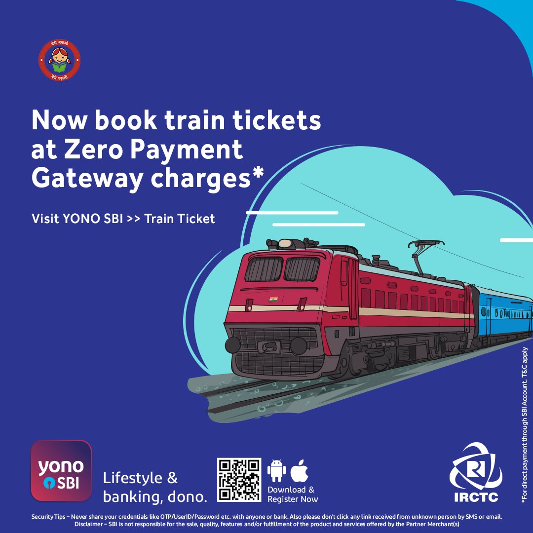 Travel hassle-free with YONO. Book your train tickets on the app and enjoy Zero Payment Gateway Charges.

#SBI #TheBankerToEveryIndian #DeshKaFan #DigitalBanking #IRCTC #Travel #TrainBooking #IncredibleIndia #Booking