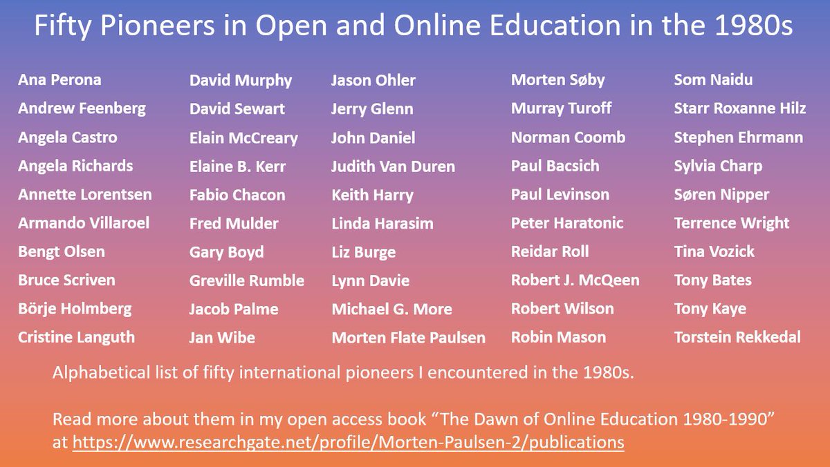 Fifty Pioneers in Open and #OnlineEducation in the 1980s

Alphabetical list of fifty international pioneers I encountered in the 1980s. Read more about them in my open access book “The Dawn of Online Education 1980-1990” at lnkd.in/dCfiFFvu