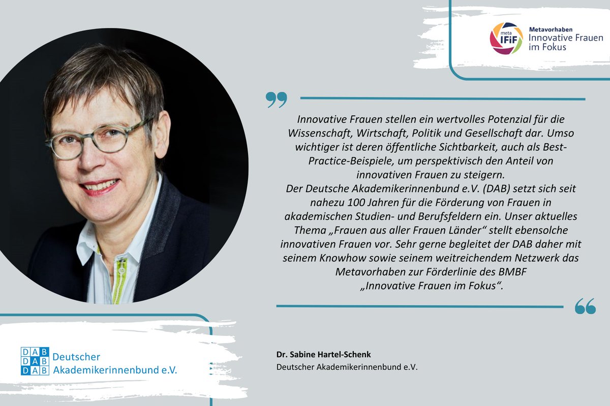 🚀Wer engagiert sich noch im meta-IFiF-Beirat? Der Deutscher Akademikerinnenbund e.V.! @Akademikerinnen ist eine der ältesten Organisationen, die sich für die Belange von Frauen in der Wissenschaft einsetzt. Vielen Dank Dr. Sabine Hartel-Schenk! #InnovativeFrauenSichtbarMachen