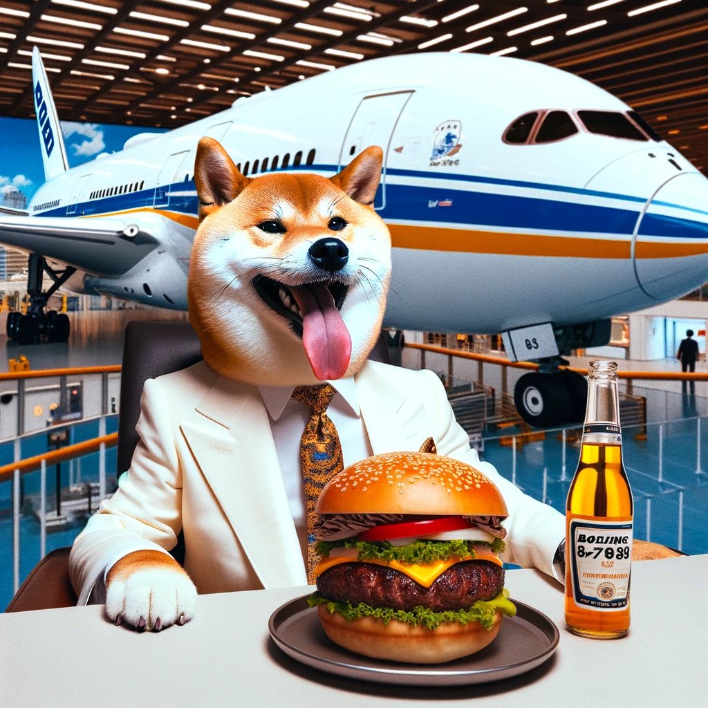 Biting into a giant burger while admiring the Boeing 787 at Flight of Dreams. Life's a journey, enjoy the bite! #ShibaInu #AviationLove #GourmetBurger #FlightOfDreams #LuxuryLifestyle