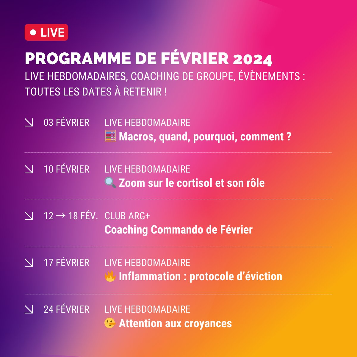 Punaise, janvier est passé à une vitesse.... 😳
Nous voici déjà en février, avec un super planning de Live.

- Ces Lives sont accessibles gratuitement aux clients du Programme ARG
- Vous pouvez acheter un Pass Live à 5,90€

programme-ARG.fr/live