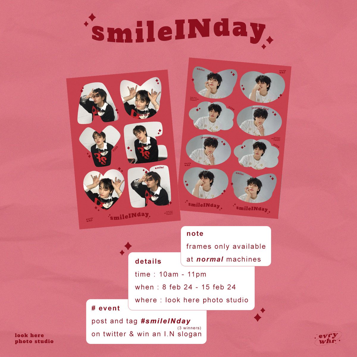evrywhrstudios's tweet photo. ๐จ๐ข๐๐ก๐๐๐๐๐๐ฎ
photobooth event for stray kids I.N in singapore!
time : 10am - 11pm
when : 8 feb 24 - 15 feb 24
location : look here photo studios
# event details in photo!
by evrywhr studios
#smileINday
#STRAYKIDS #IN
#์คํธ๋ ์ดํค์ฆ #์์ด์
https://t.co/TyHYL25uWd https://t.co/ktZntbiKdE