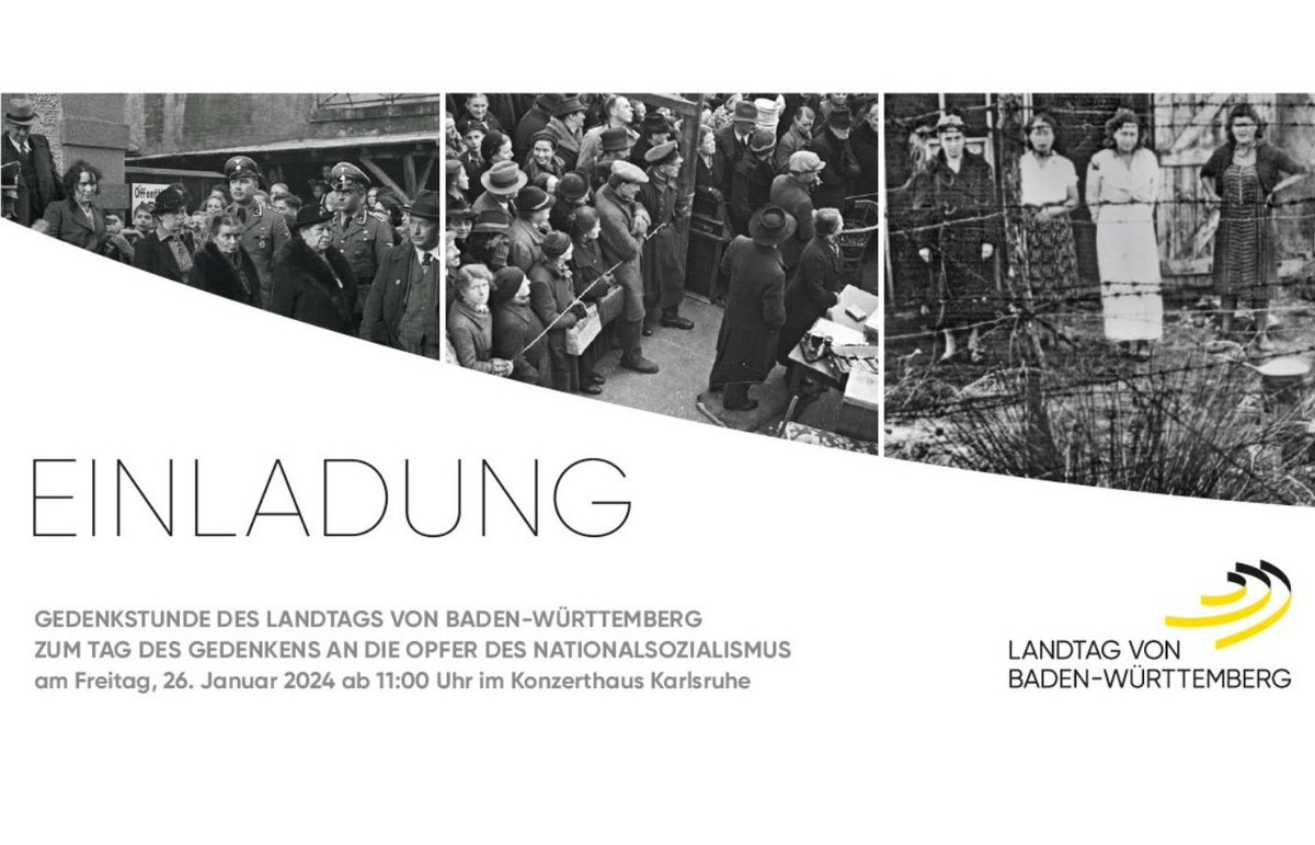 Mit einer Veranstaltung in #Karlsruhe gedenkt der @Landtag_BW heute um 11.00 Uhr der Opfer des Nationalsozialismus. Im Fokus des diesjährigen Gedenkens stehen die Schicksale der badischen #Jüdinnen und #Juden. Die #Gedenkstunde wird live 📺 übertragen: fcld.ly/gedenkstunde