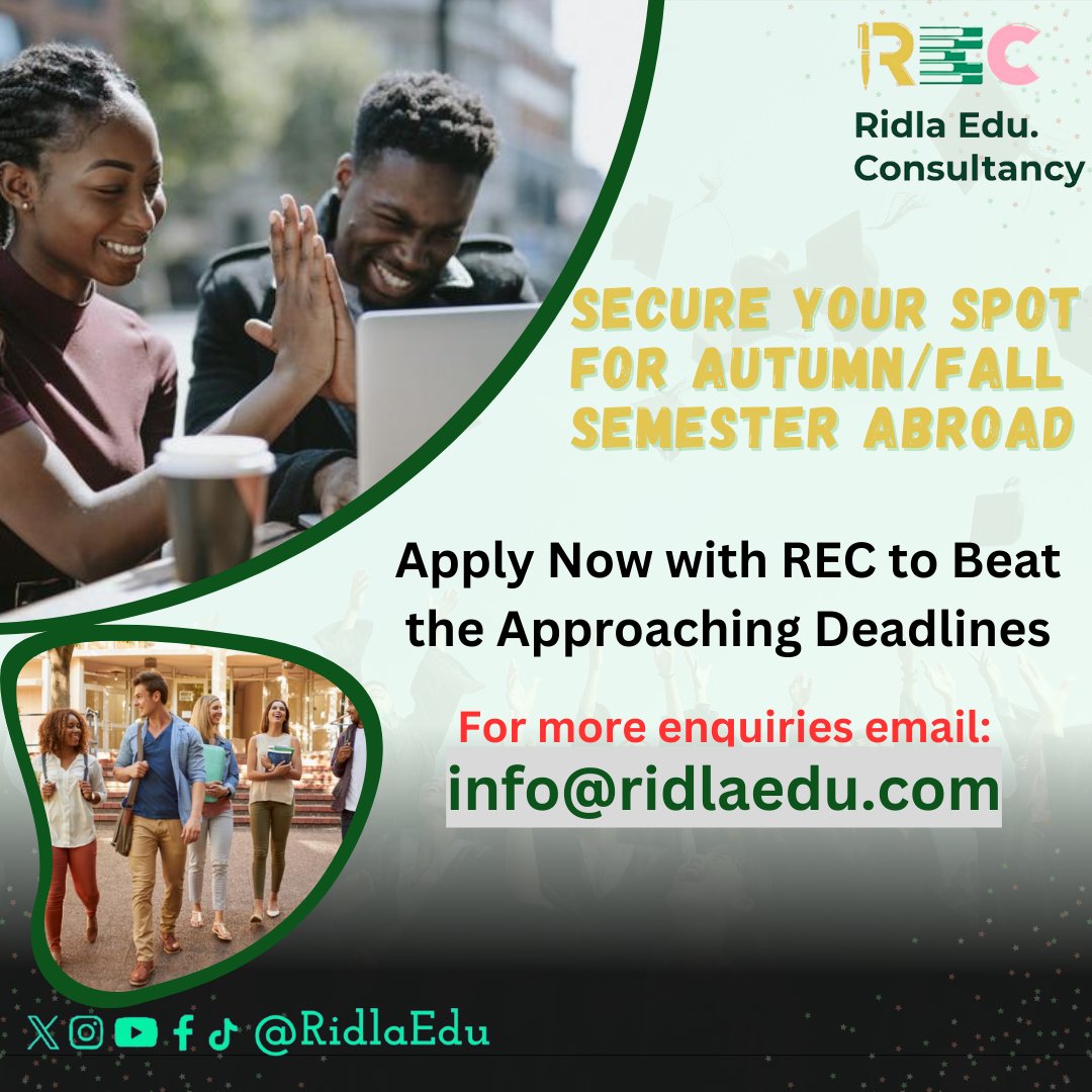 RidlaEdu's tweet image. 🌍✈️ Planning to study abroad this Autumn/Fall? 🍂 Don&apos;t miss out! Start your application now with REC. ⏰ Deadlines are approaching, and we&apos;re here to guide you every step of the way. 🎓 #StudyAbroad #ApplicationDeadline #RECAssistance