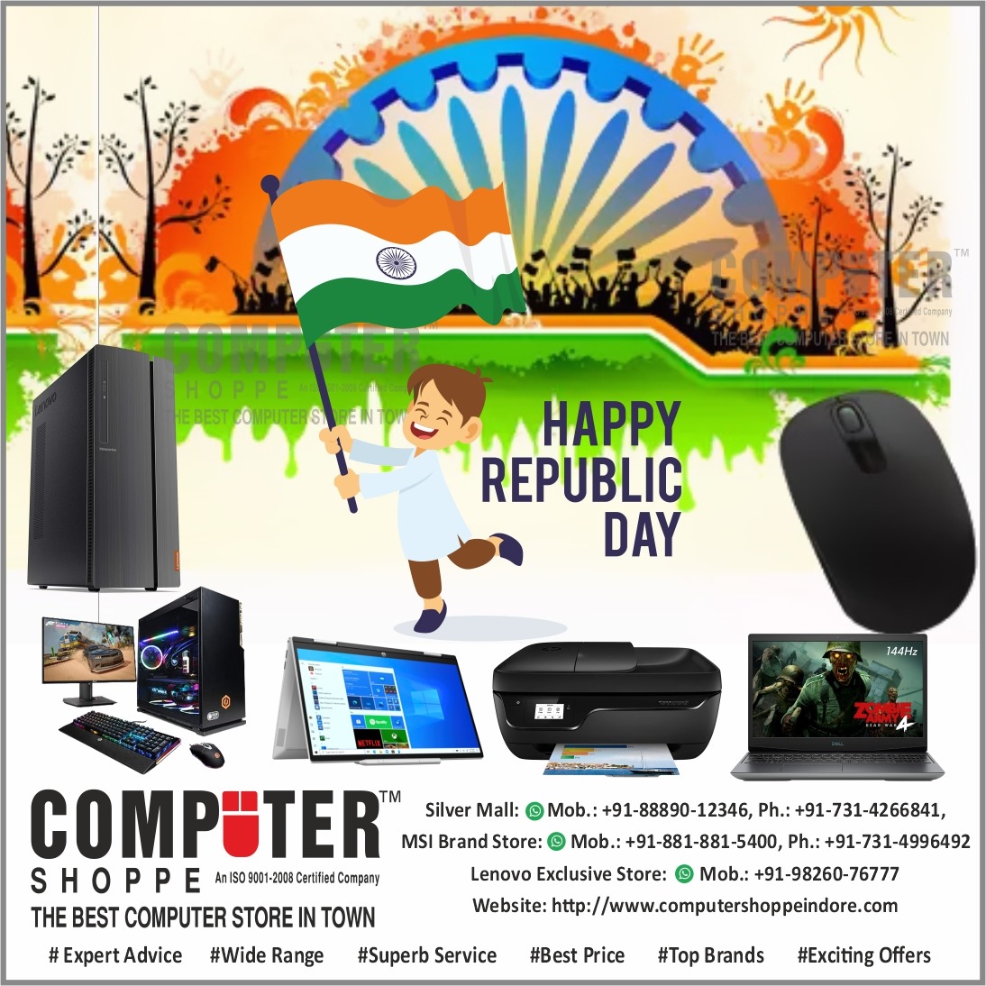 ComputershoppeI's tweet photo. On this Republic Day, let’s renew our commitment to building a better and brighter future for our beloved India. Computer shoppe Wishing Happy Republic Day to you and your family.
#RepublicDay #HappyRepublicDay #India #Bharat #ProudIndian #Tiranga #Computershoppe #Indore https://t.co/9PpVckWN9o