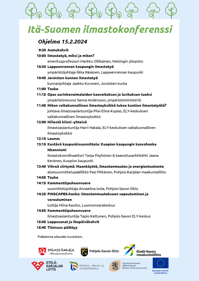 Itä-Suomen ilmastokonferenssi 15.2. Joensuussa - tule mukaan! 🙌 Esimerkkejä itäisen Suomen ilmastotoimista, ajankohtaista aurinkovoimaloiden kaavoituksesta ja asiaa ilmastonmuutokseen sopeutumisesta. 🚌Bussikuljetus Kuopiosta, ilmoittaudu mukaan: link.webropolsurveys.com/EventParticipa…