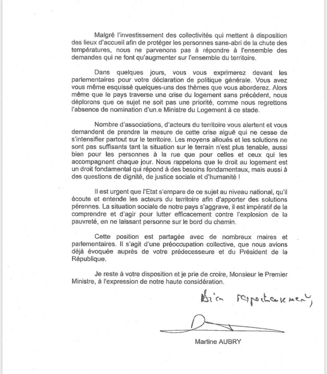 MartineAubry's tweet photo. À qqls jours de la déclaration de pol. générale du PremierMinistre,je lui ai fait part de ma profonde inquiétude face à l’urgence sociale qui touche notre pays,mais aussi face à la crise aiguë du logement que nous traversons.L’État doit entendre &amp;apporter des solutions pérennes⬇️ https://t.co/nDNVTybcNu