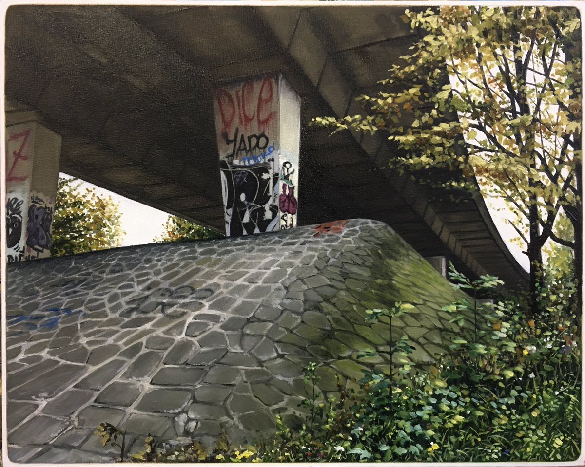 JenOrpinPainter's tweet photo. A continuation of yesterday’s 2020 TBT post. 4 more in the series from my Medlock Roundabout, Mancunian Way paintings where nature thrived in the quiet of lockdown. 🍃🌳🌼🌸

#painting #art #ArtistOnTwitter  
#Mancunianway #Manchester #graffiti 
@GrimArtGroup https://t.co/il79NlLF8o