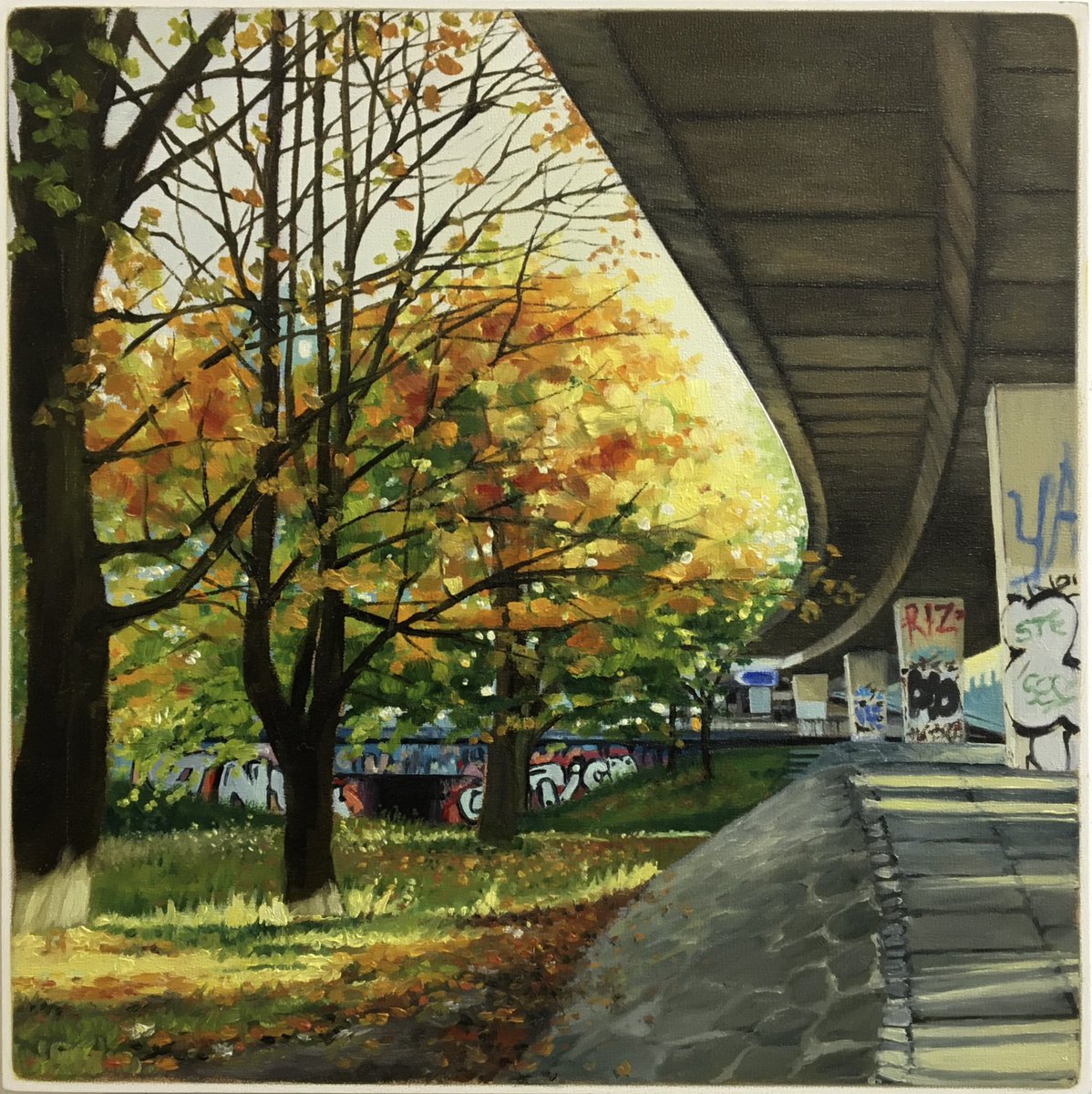 JenOrpinPainter's tweet photo. A continuation of yesterday’s 2020 TBT post. 4 more in the series from my Medlock Roundabout, Mancunian Way paintings where nature thrived in the quiet of lockdown. 🍃🌳🌼🌸

#painting #art #ArtistOnTwitter  
#Mancunianway #Manchester #graffiti 
@GrimArtGroup https://t.co/il79NlLF8o