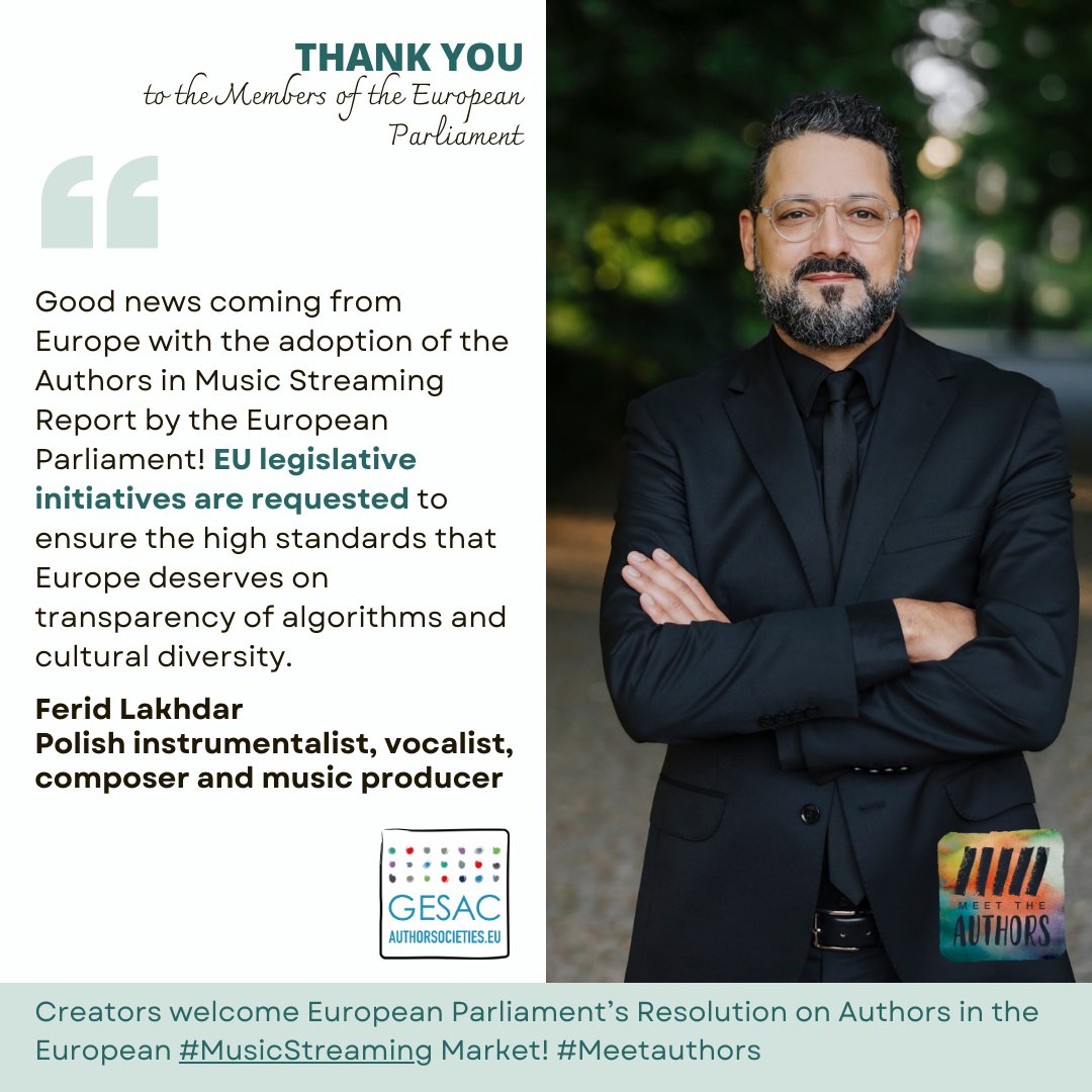 It is encouraging to see that the <a href="/EUparliament/">European Parliament</a>  adopted a Resolution asking for legislative actions to tackle the unfairness on #MusicStreaming services! 
<a href="/FeridLakhdar/">Ferid Lakhdar</a> addresses his gratitude to the MEPs that worked towards this change! 

<a href="/TFrankowski21/">Tomasz Frankowski</a> <a href="/LukaszKohut/">Łukasz Kohut 🇪🇺</a>
