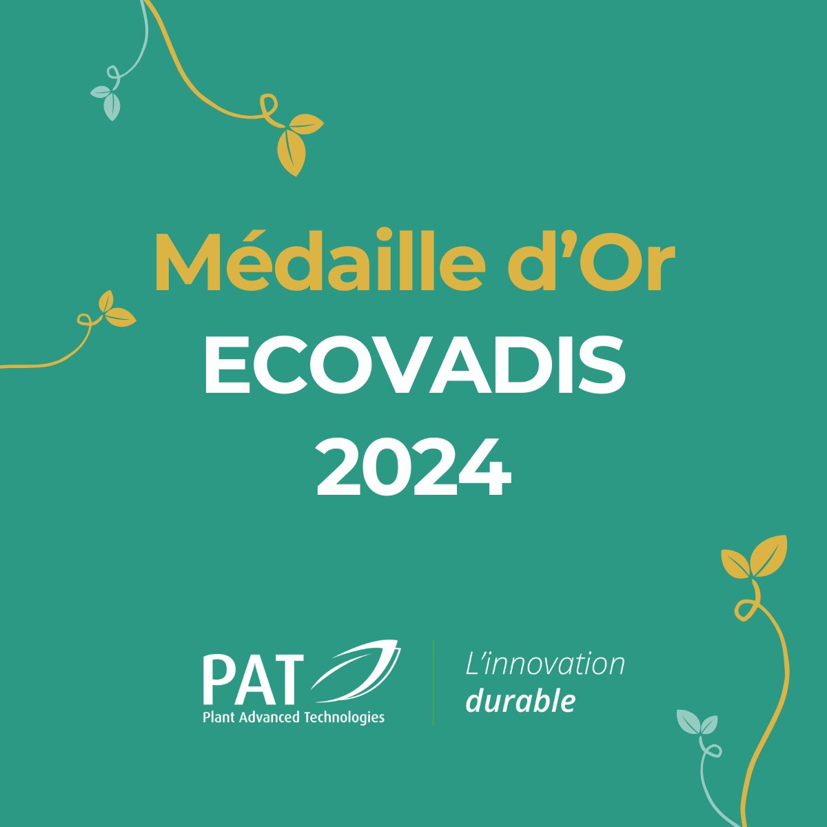 🥇 En cette année 2024 #olympique, PAT reçoit l'OR d'#ECOVADIS pour sa performance #RSE🌿Un succès collectif !