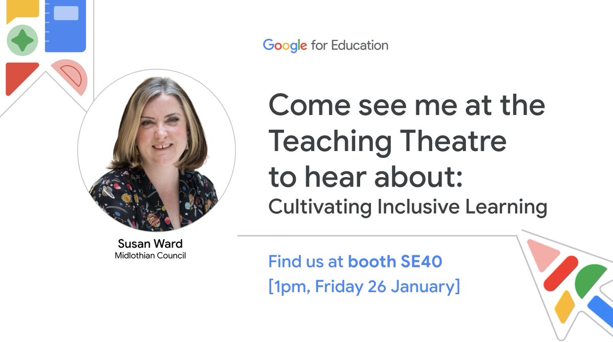 Excited to be joining @GoogleforEdu today at #Bett2024 in London! I’ll be discussing the work we've done in @MidDigiLearn to make learning inclusive using digital tools. Find me at the #GoogleEdu Teaching Theatre, all the info here: goo.gle/Bett2024 #equippedforlearning