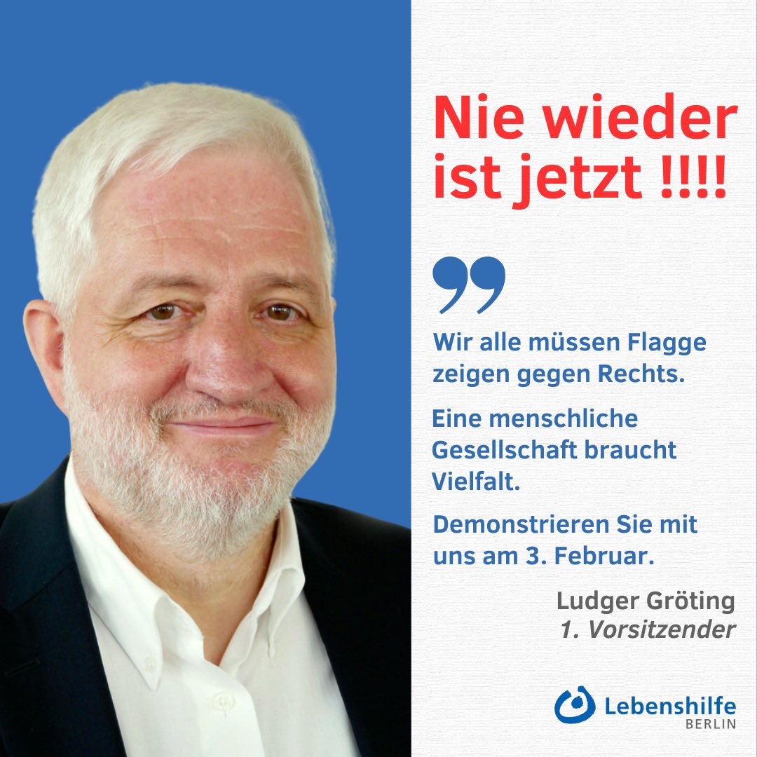 Lebenshilfe_B's tweet photo. Morgen ist der #Gedenktag für die Opfer des NS-Regimes.
Wir rufen auf:
Setzen Sie sich mit uns gegen #Rechts ein!
Wir alle müssen jetzt Flagge zeigen.
Demonstrieren Sie mit uns und vielen anderen am 3. Februar vor dem Bundestag.
https://t.co/xY1Swjmqa7 https://t.co/5RpzDUS3lg