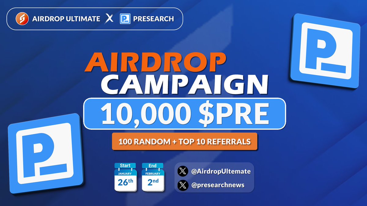 🥳 Presearch X Airdrop Ultimate #Airdrop

🏆 Prize Pool «» 10,000 $PRE

✅ Follow <a href="/AirdropUltemate/">Airdrop Ultimate</a> &amp;
<a href="/presearchnews/">Presearch</a> 
✅ Like, RT &amp; Tag 3 Friends
✅ Complete #Gleam⤵️
gleam.io/rKF7m/presearc…

⏳ Ends 2nd February

#Preseach #Airdrop #Giveaway #Crypto #LFG #PRE #1000XGem #Kucoin