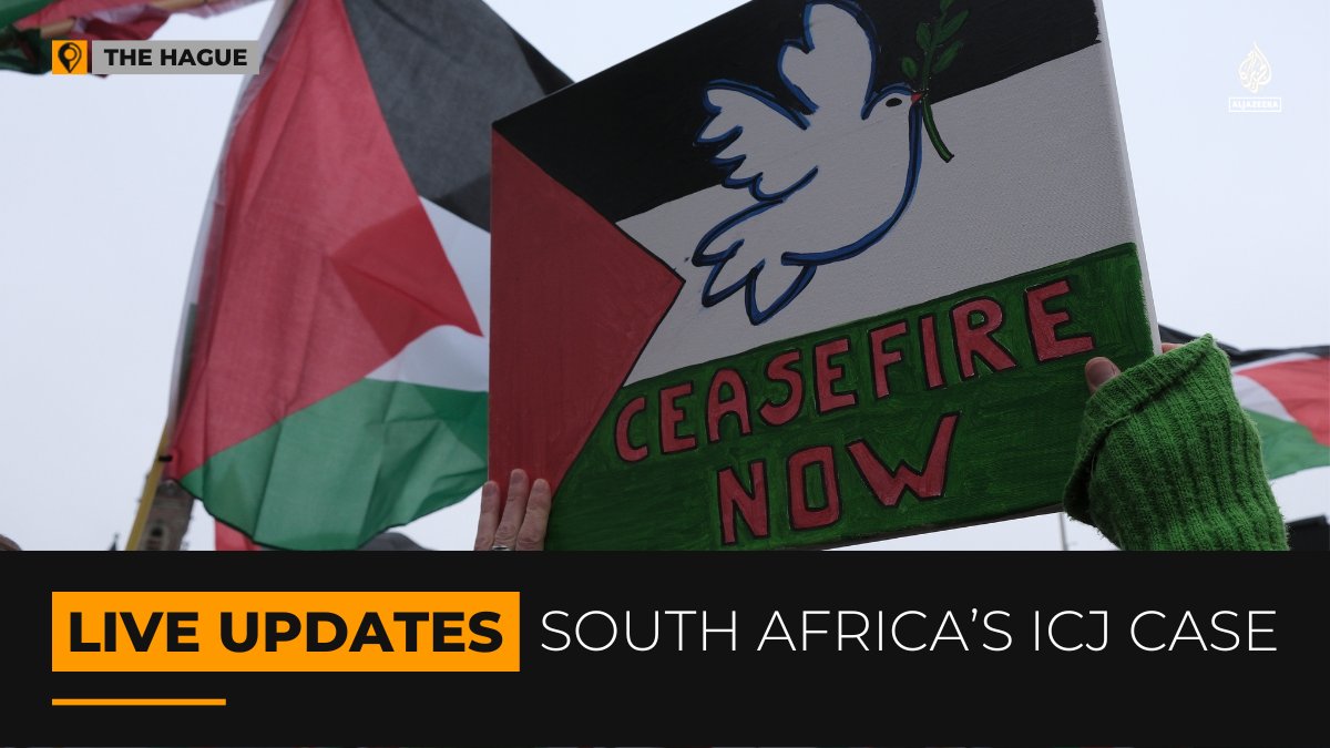 AJEnglish's tweet photo. The International Court of Justice (ICJ) will deliver its ruling today at 12:00 GMT on the emergency measures requested by South Africa in its genocide case against Israel.  

🟠 Follow our LIVE coverage: https://t.co/4J8h8gag9N https://t.co/p06bBXmHsm