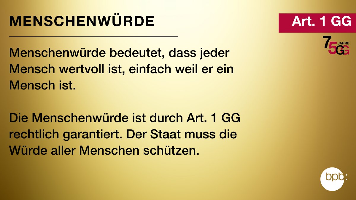 "Die Würde des Menschen ist unantastbar." Dieser Satz markiert die oberste Regel unseres #Grundgesetz|es. Was bedeutet #Menschenwürde für dich?