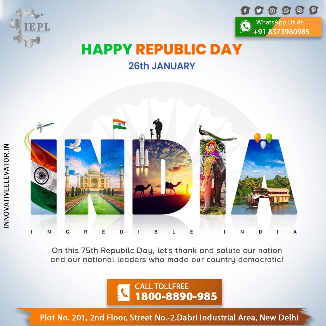 Innoelevatorind's tweet photo. 👉 On this 75th Repubilc Day, let's thank and salute our nation and our national leaders who made our country democratic!

🤝 Get Best Offers For Lift AMC

📞 1800-8890-985
🌐 https://t.co/3bAsmtdF8q
💬 083739 80985

#RepubilcDay #HappyRepubilcDay #26january #ElevatorAMC #NewLift https://t.co/Ksvq1sluej