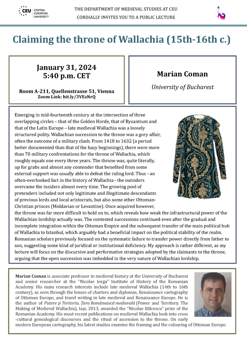 medstudCEU's tweet photo. next week, on 31 January, @medstudCEU will host Dr. Marian Coman (@UNIBUC), who will give a public lecture on "Claiming the Throne of Wallachia (15th-16th c.)." join us on campus @ceu in #Vienna or online.
info 👉 https://t.co/WXtk3uTjHt
#MedievalTwitter #MedievalCEU https://t.co/qKUboDAKyv