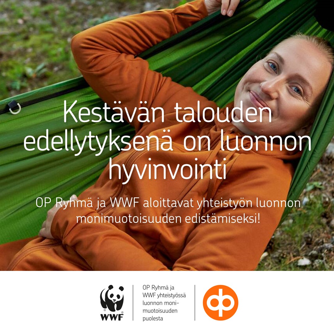 OP Ryhmä ja <a href="/WWFSuomi/">WWF Suomi</a> aloittavat laajan yhteistyön ja tekevät yhdessä tekoja Suomen luonnon monimuotoisuuden edistämiseksi. 🌍

Yhteistyön tavoitteena on muun muassa turvata lähiluontoa innostamalla ihmiset toimimaan sen hyväksi.

– Suomen suurimpana finanssialan toimijana näemme