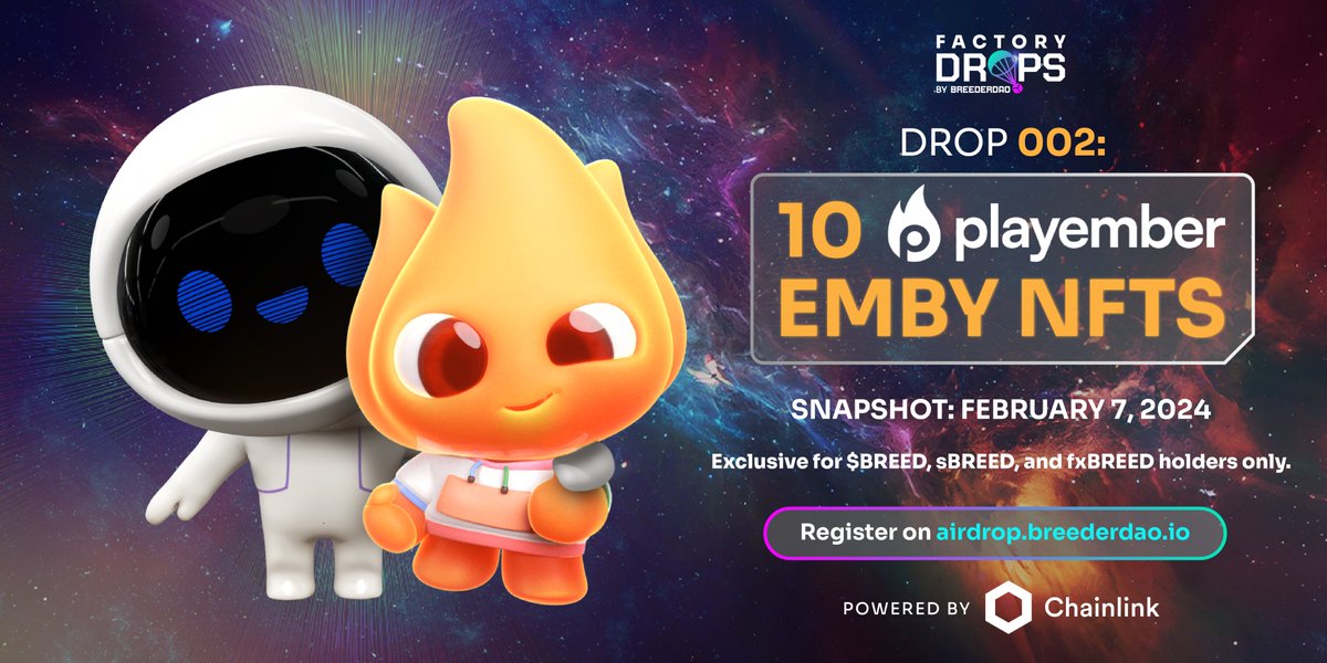 LET’S HEAT IT UP w/ 10 EMBY NFTs! 🔥

REGISTRATION FOR FACTORY DROPS: DROP 002 📦 IS NOW OPEN: airdrop.breederdao.io ✍️

Get a chance to win 1 out of 10 <a href="/play_ember/">PlayEmber</a>’s Emby NFTs exclusive for $BREED / sBREED / fxBREED holders only. 😎💰

SNAPSHOT DATE: February 7, 2024
Follow us