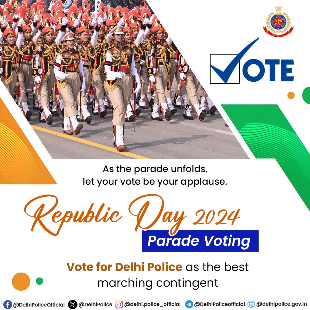 DelhiPolice's tweet photo. "Our Women Our Pride"

Vote for Delhi Police all women contingent as the best marching contingent of Republic Day Parade 2024
Click on - https://t.co/XxlLyPGuFX

#RepublicDay
#RepublicDay2024
#NariTuNarayani https://t.co/hCprnbniMd