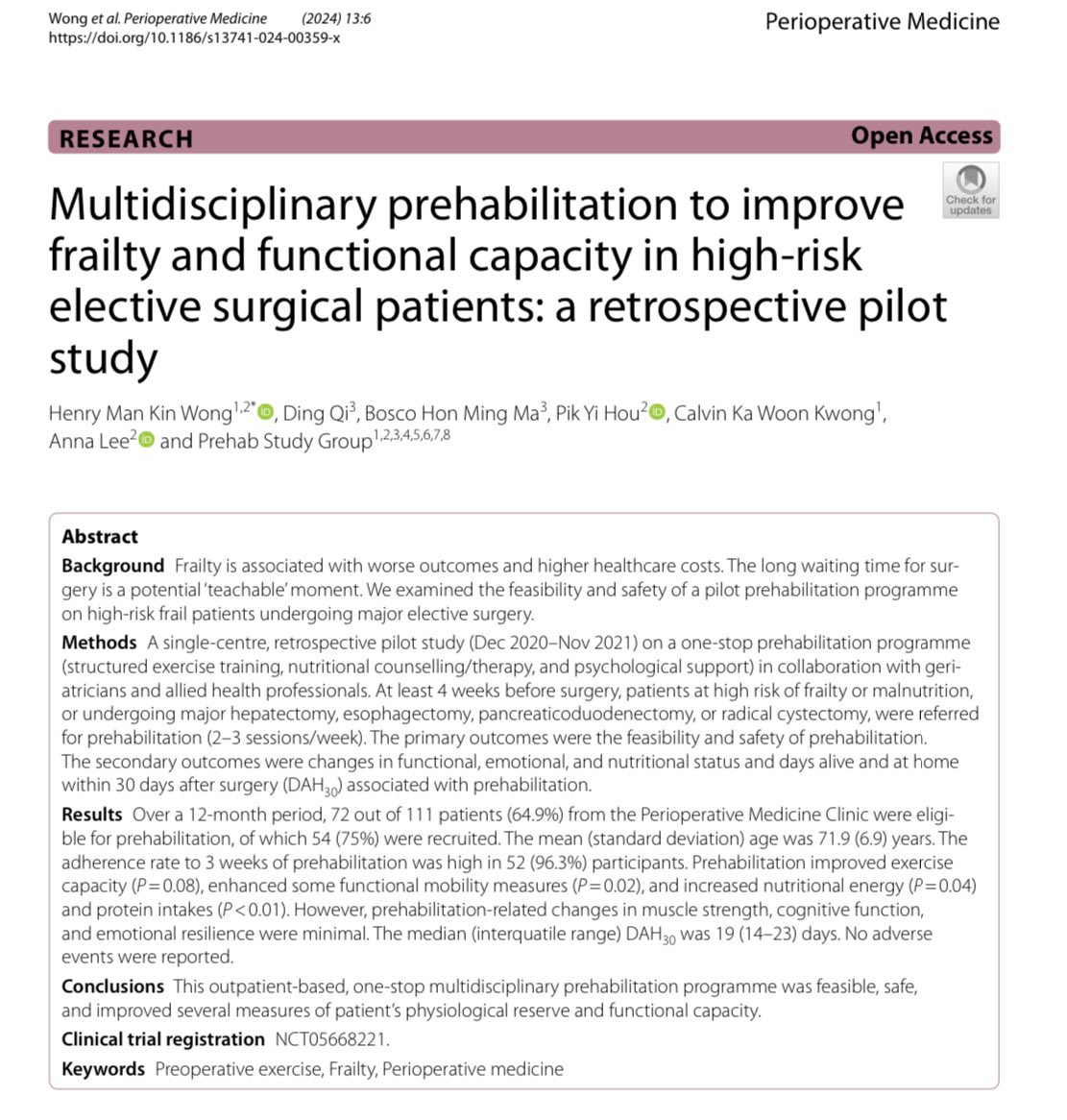 Henry Wong (@henrymkwong) on Twitter photo This is the 1st outpatient-based multimodal prehabilitation program in Hong Kong. It serves as an example service model for re-engineering our PeriOp pathway in the future development.
👉 rdcu.be/dwKNl
<a href="/PeriOpMedJ/">Perioperative Medicine Journal</a> <a href="/BioMedCentral/">BMC</a> <a href="/PeriopMedUCL/">PeriopMedUCL</a> <a href="/CUHKMedicine/">CUHK Medicine</a> <a href="/_HKCA/">The Hong Kong College of Anaesthesiologists</a> This is the 1st outpatient-based multimodal prehabilitation program in Hong Kong. It serves as an example service model for re-engineering our PeriOp pathway in the future development.
👉 rdcu.be/dwKNl
<a href="/PeriOpMedJ/">Perioperative Medicine Journal</a> <a href="/BioMedCentral/">BMC</a> <a href="/PeriopMedUCL/">PeriopMedUCL</a> <a href="/CUHKMedicine/">CUHK Medicine</a> <a href="/_HKCA/">The Hong Kong College of Anaesthesiologists</a>
