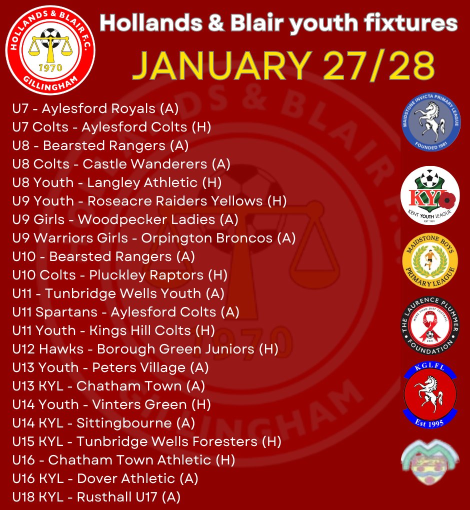 handbfcyouth's tweet photo. All 22 @hollandsblairfc youth sides are in action this weekend! Some massive games on the slate, good luck to all our boys and girls @KentYouthLeague @PrimaryLge @KGLFL 🔴⚪️🔵🟡⚽️⚽️⚽️⚽️ https://t.co/AOjeal3RZ5